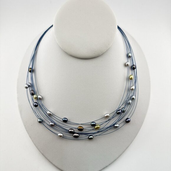 Honora Pearl Necklace Illusion Wire Blue Multi Color Gray Multi Strand Box - Picture 12 of 15